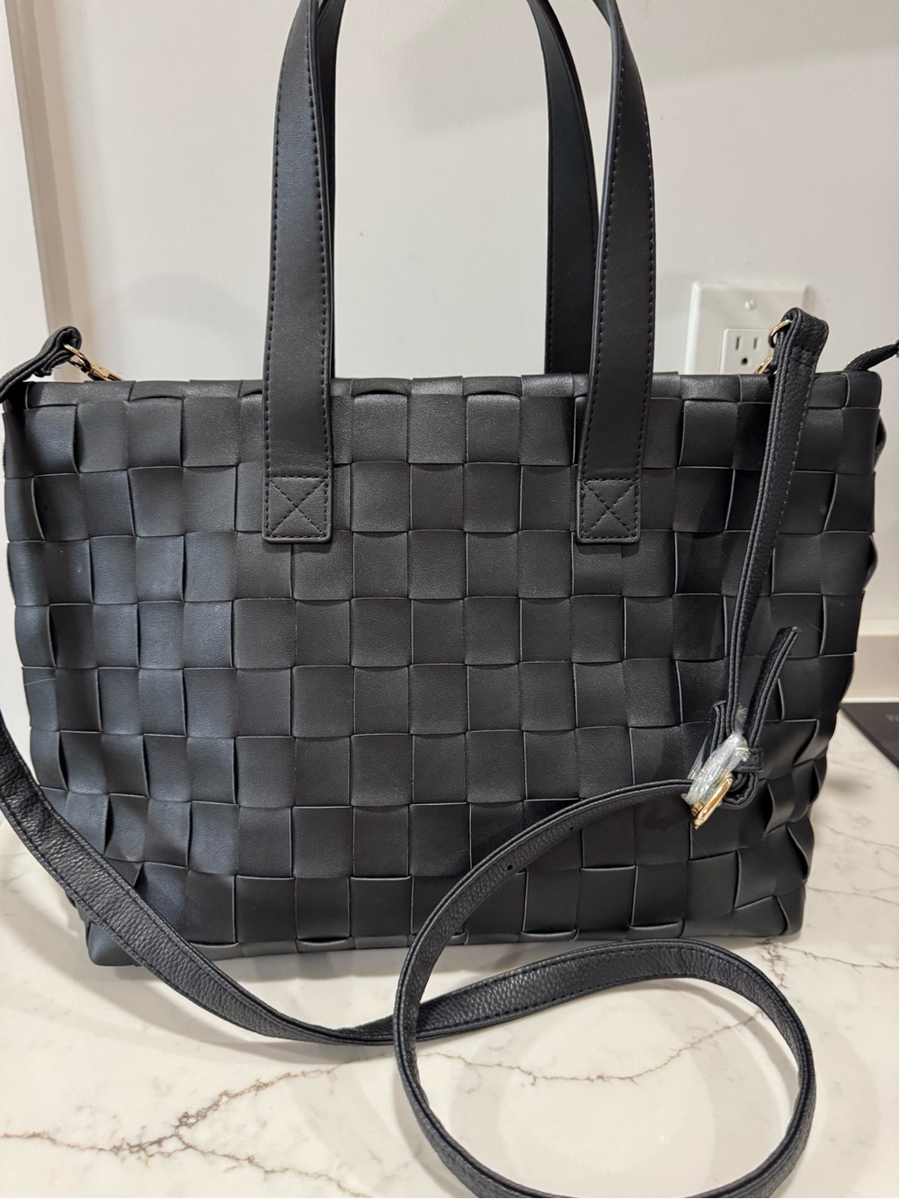 Black Woven Tote Bag with Removable Strap - Women